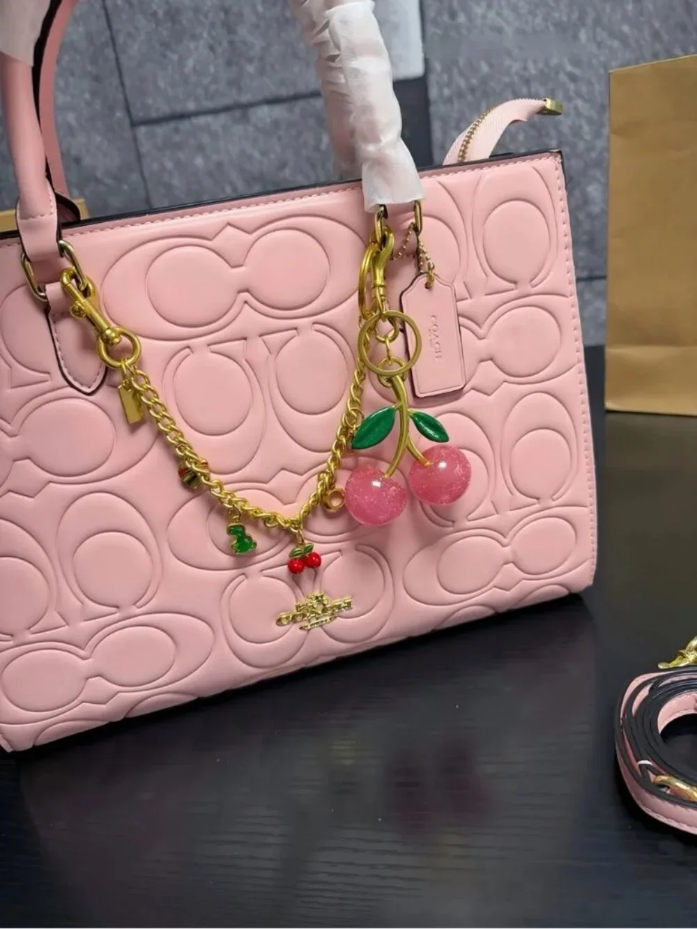 Pink Quilted Signature Leather Satchel with Cherry Charm